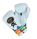 No Boxing No Life white lace-up boxing gloves with multicolor cross patches and black cuff monogram - palm and closure detail