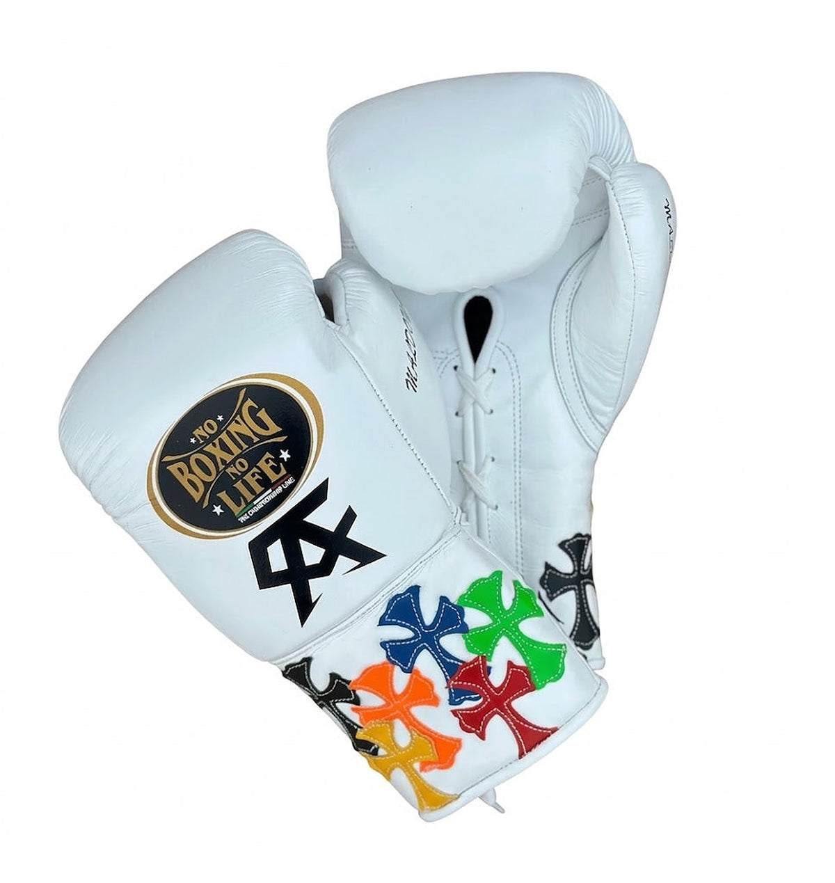 No Boxing No Life white lace-up boxing gloves with multicolor cross patches and black cuff monogram - palm and closure detail