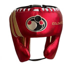 Grant metallic red lace-up gloves, matching red headgear and red groin guard - detail view