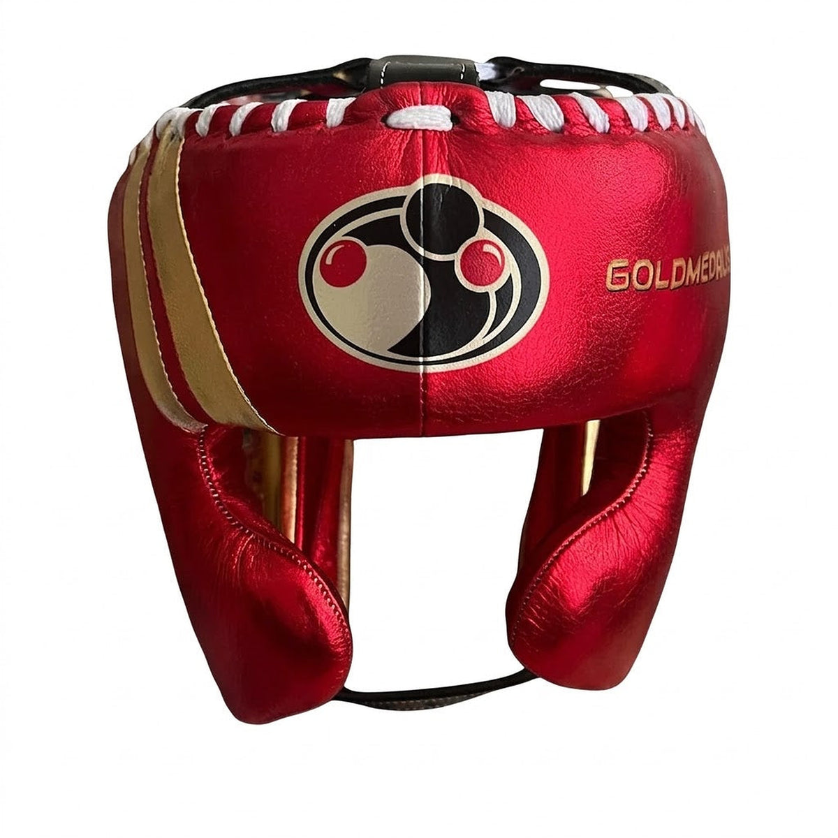 Grant metallic red lace-up gloves, matching red headgear and red groin guard - detail view