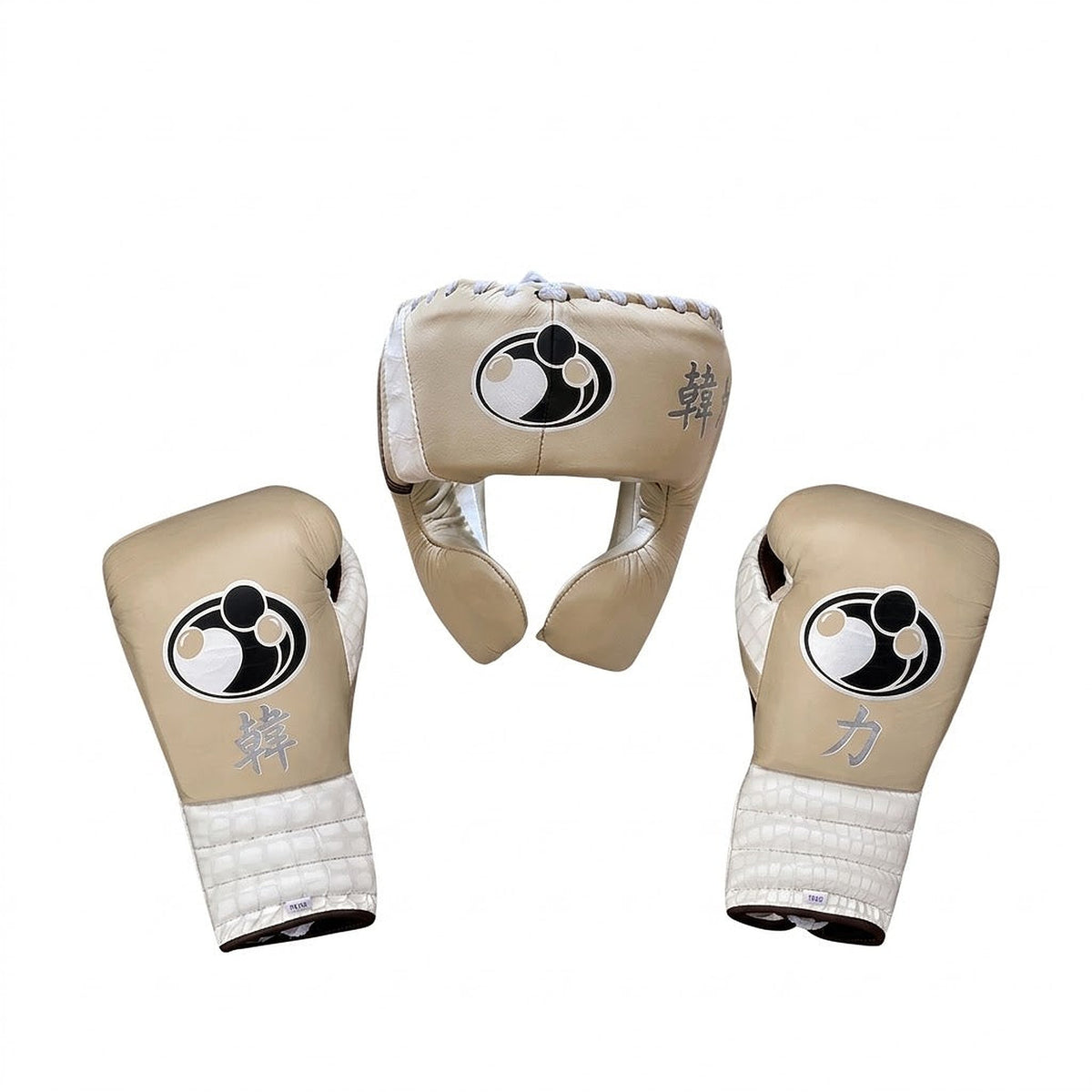Grant boxing set in cream beige with lace-up gloves and matching headgear showing the round Grant logo