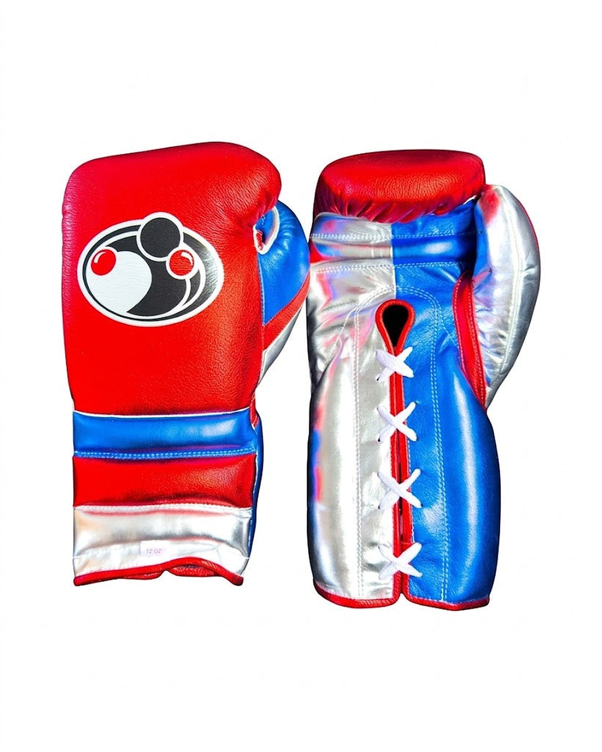 Grant metallic red lace-up gloves, headgear and groin guard with white and blue stripes across each piece - side view