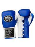 No Boxing No Life lace-up gloves with solid royal blue back, white palm and white laces