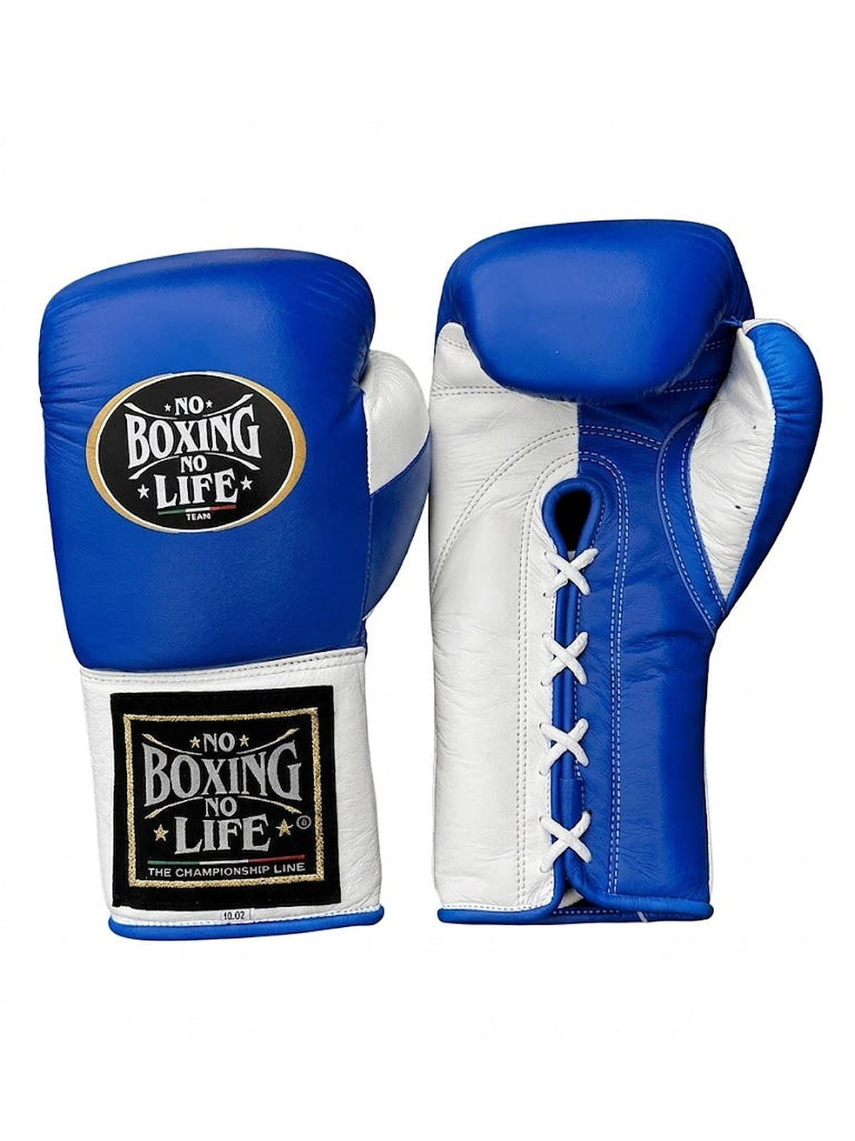 No Boxing No Life lace-up gloves with solid royal blue back, white palm and white laces