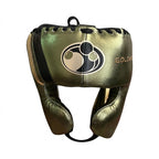 Grant metallic olive green lace-up gloves with black and gold palms, headgear and groin guard - alternate angle