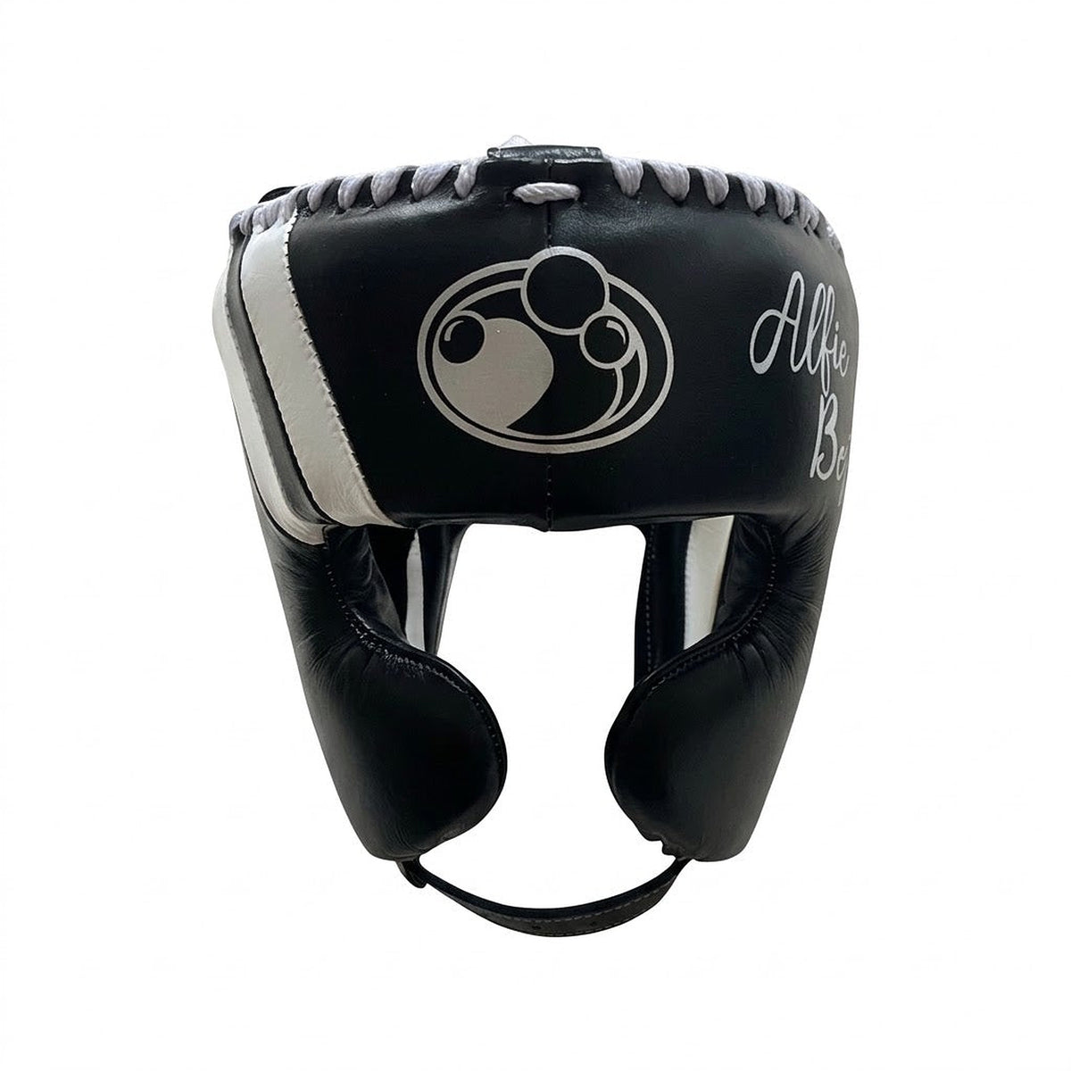 Grant black lace-up boxing gloves, headgear and groin guard with silver cuff patches, sample names - palm and closure detail