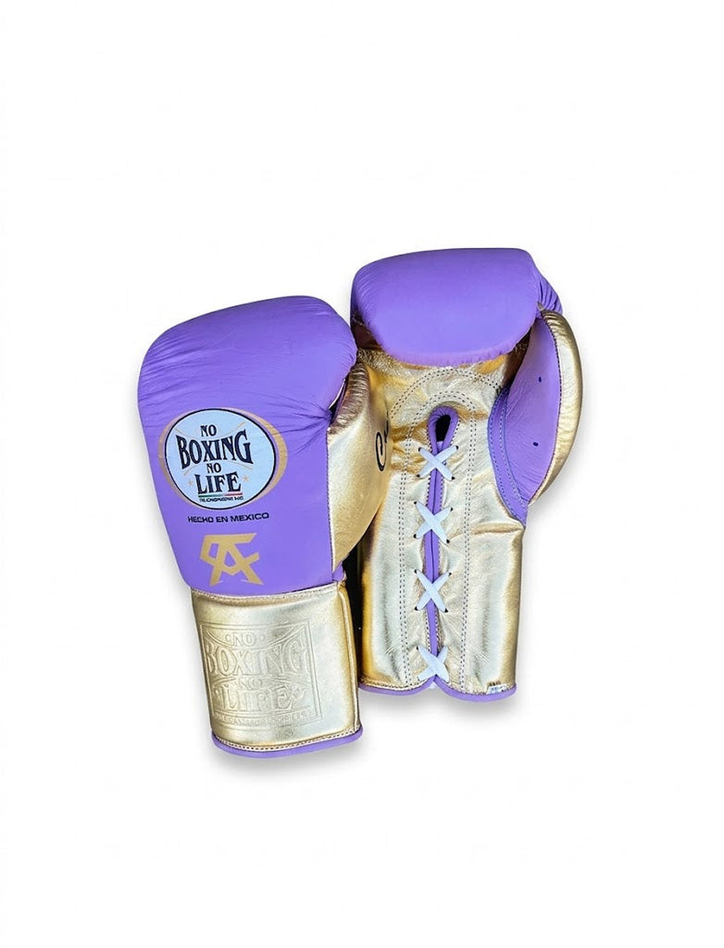 No Boxing No Life lavender purple lace-up boxing gloves with metallic gold palm and cuff