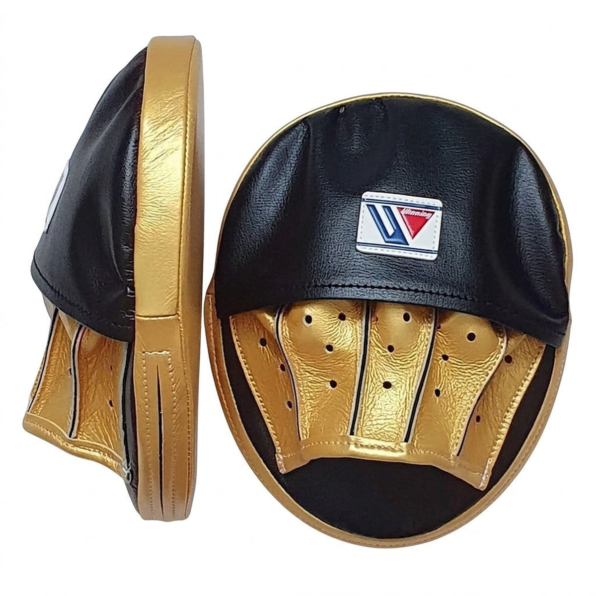 Pair of Winning black curved focus mitts with gold palm and gold rim around the striking face