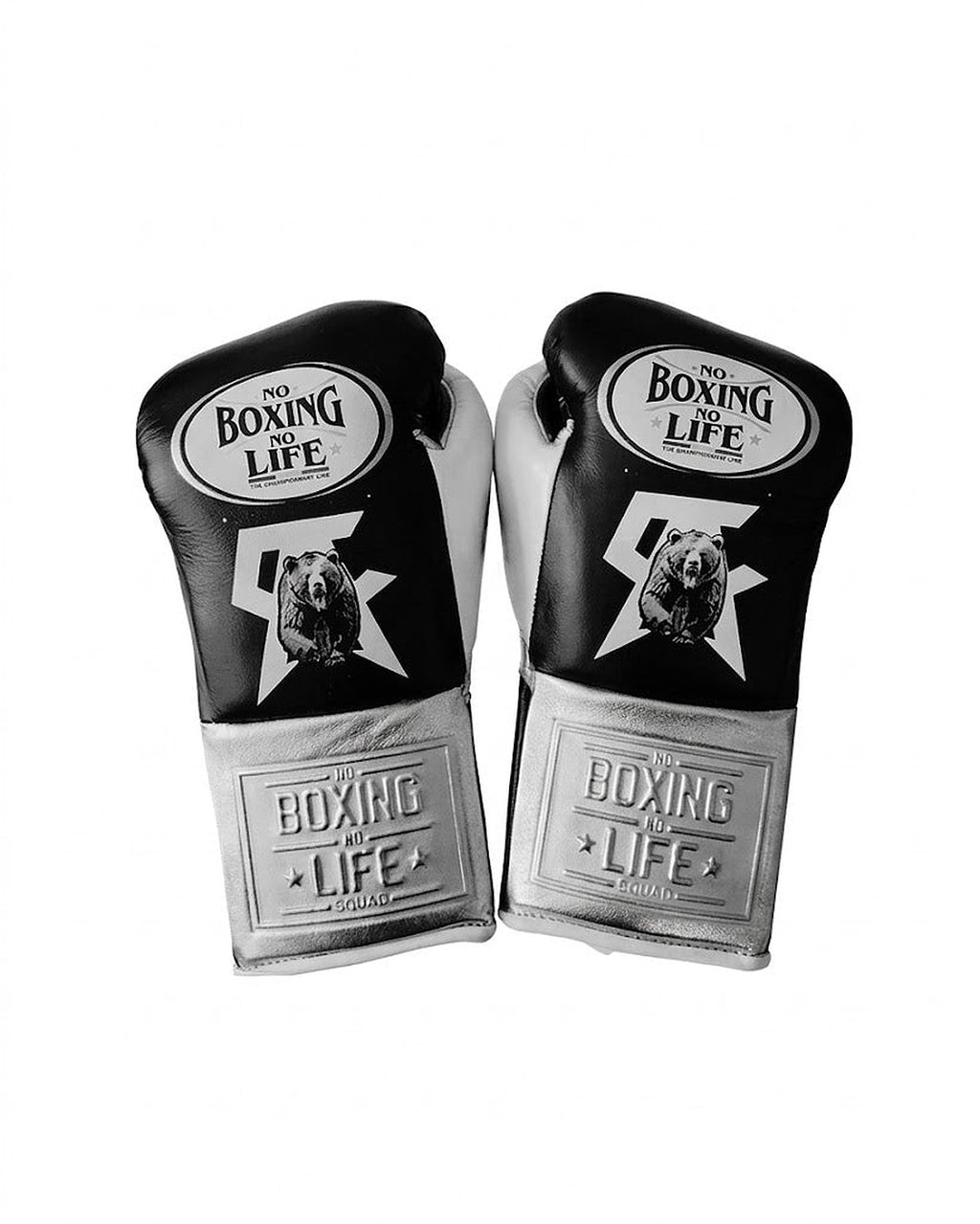 No Boxing No Life black lace-up gloves with silver cuff, white palm, white monogram and mascot logo