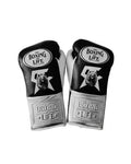 No Boxing No Life black lace-up gloves with silver cuff, white palm, white monogram and mascot logo
