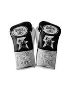 No Boxing No Life black lace-up gloves with silver cuff, white palm, white monogram and mascot logo