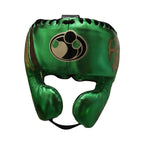 Grant metallic green lace-up boxing gloves with gold palms, with matching green headgear and groin guard - side view