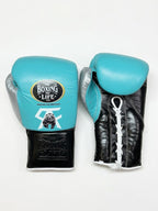 No Boxing No Life mint blue lace-up boxing gloves with black crocodile-embossed cuff and mascot logo - alternate angle