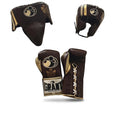 Grant brown lace-up boxing gloves with gold palms beside matching brown headgear and brown groin guard