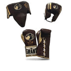 Grant brown lace-up boxing gloves with gold palms beside matching brown headgear and brown groin guard