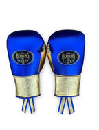 No Boxing No Life lace-up gloves with metallic royal blue back, gold palm and gold cuff - palm and closure detail