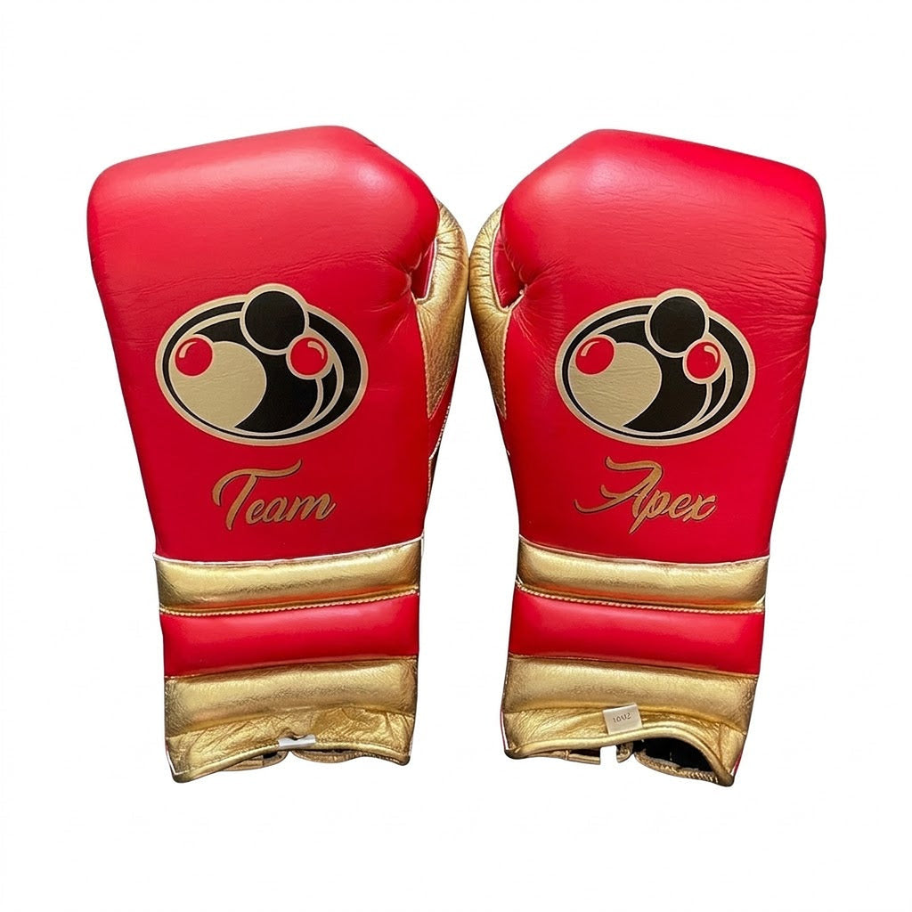 Grant bright red lace-up boxing gloves with gold cuff band, gold accents and sample Team name print - side view