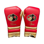 Grant bright red lace-up boxing gloves with gold cuff band, gold accents and sample Team name print - side view
