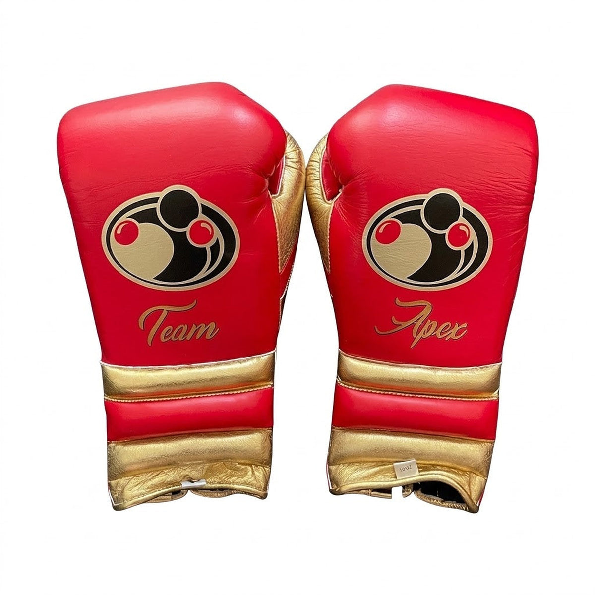 Grant bright red lace-up boxing gloves with gold cuff band, gold accents and sample Team name print - side view
