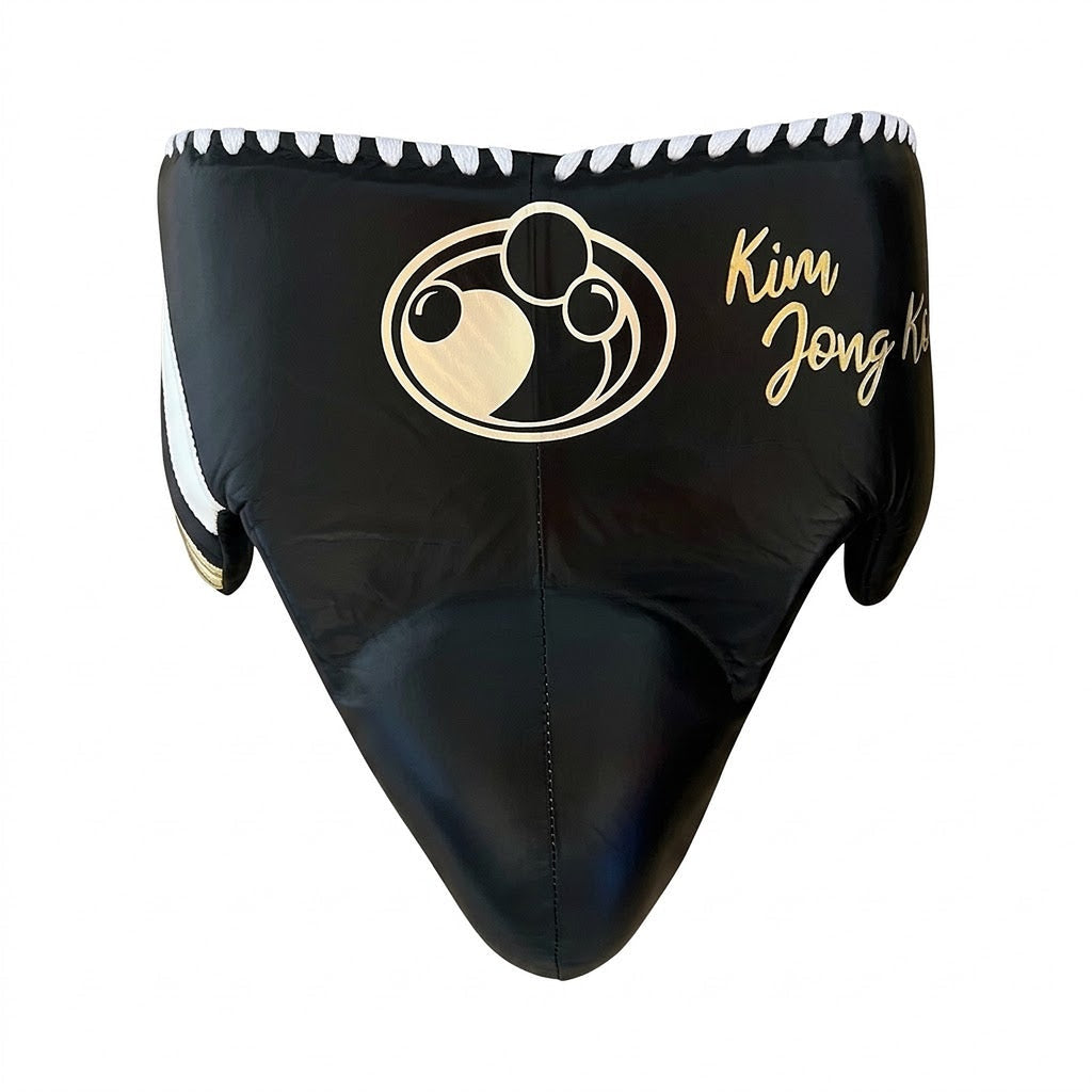 Grant black lace-up boxing gloves with gold palms and white cuffs, plus matching headgear and groin guard - alternate angle