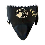 Grant black lace-up boxing gloves with gold palms and white cuffs, plus matching headgear and groin guard - alternate angle