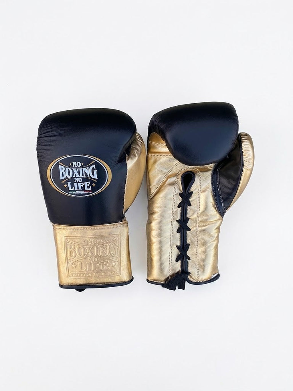 No Boxing No Life lace-up gloves, headgear and groin guard split between deep navy and champagne gold - alternate angle