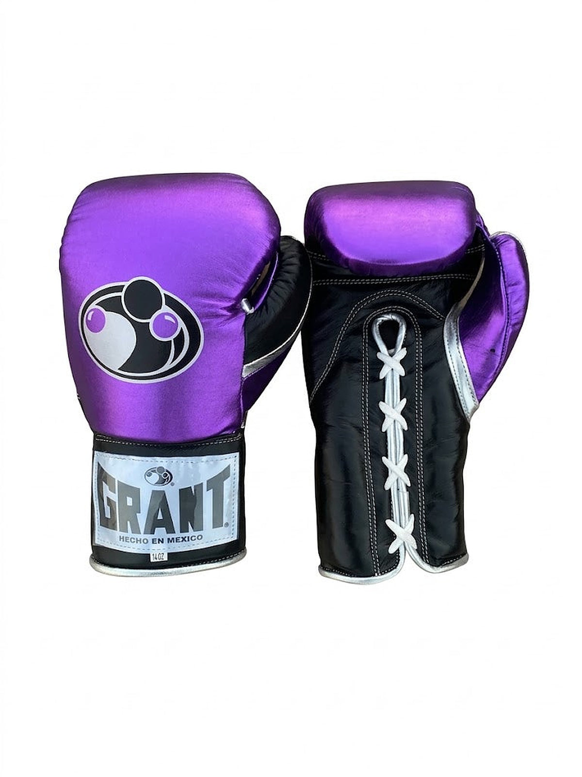 Grant boxing gloves with metallic violet back, black palm and black laces, shown in lace-up style - side view