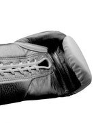 No Boxing No Life black lace-up gloves with silver cuff, white palm, white monogram and mascot logo - logo and cuff close-up
