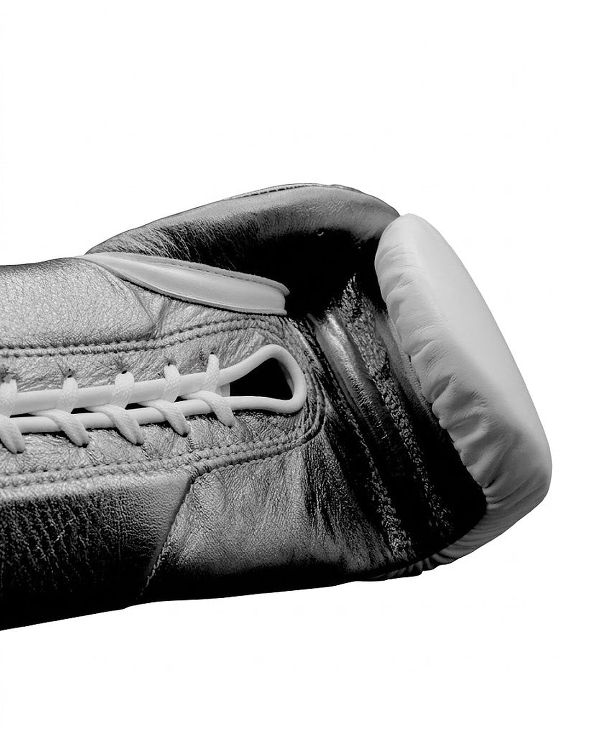 No Boxing No Life black lace-up gloves with silver cuff, white palm, white monogram and mascot logo - logo and cuff close-up