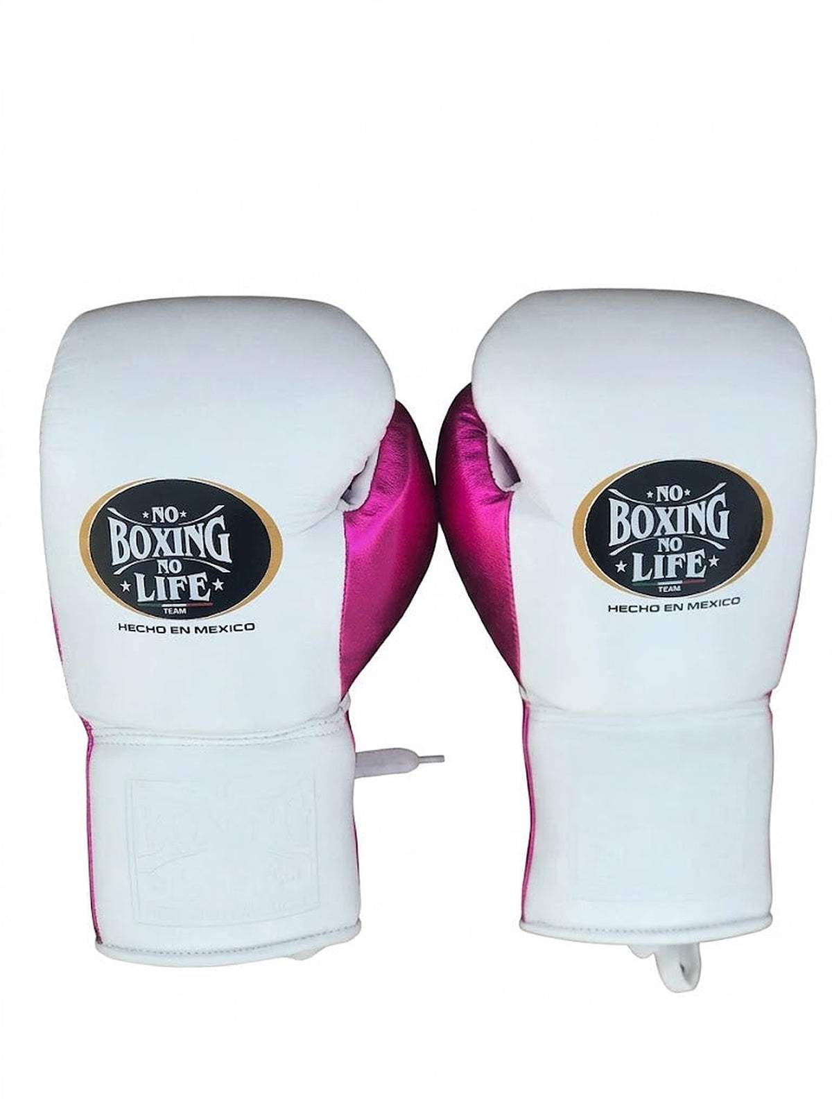 No Boxing No Life lace-up gloves, headgear and groin guard split between metallic fuchsia and white - alternate angle