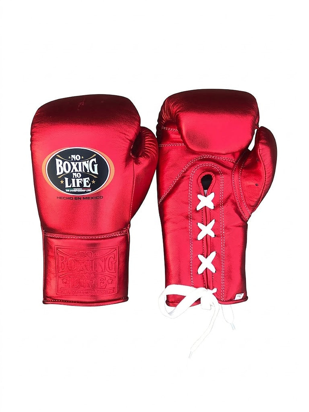 No Boxing No Life shiny metallic red lace-up boxing gloves with white laces down the wrist
