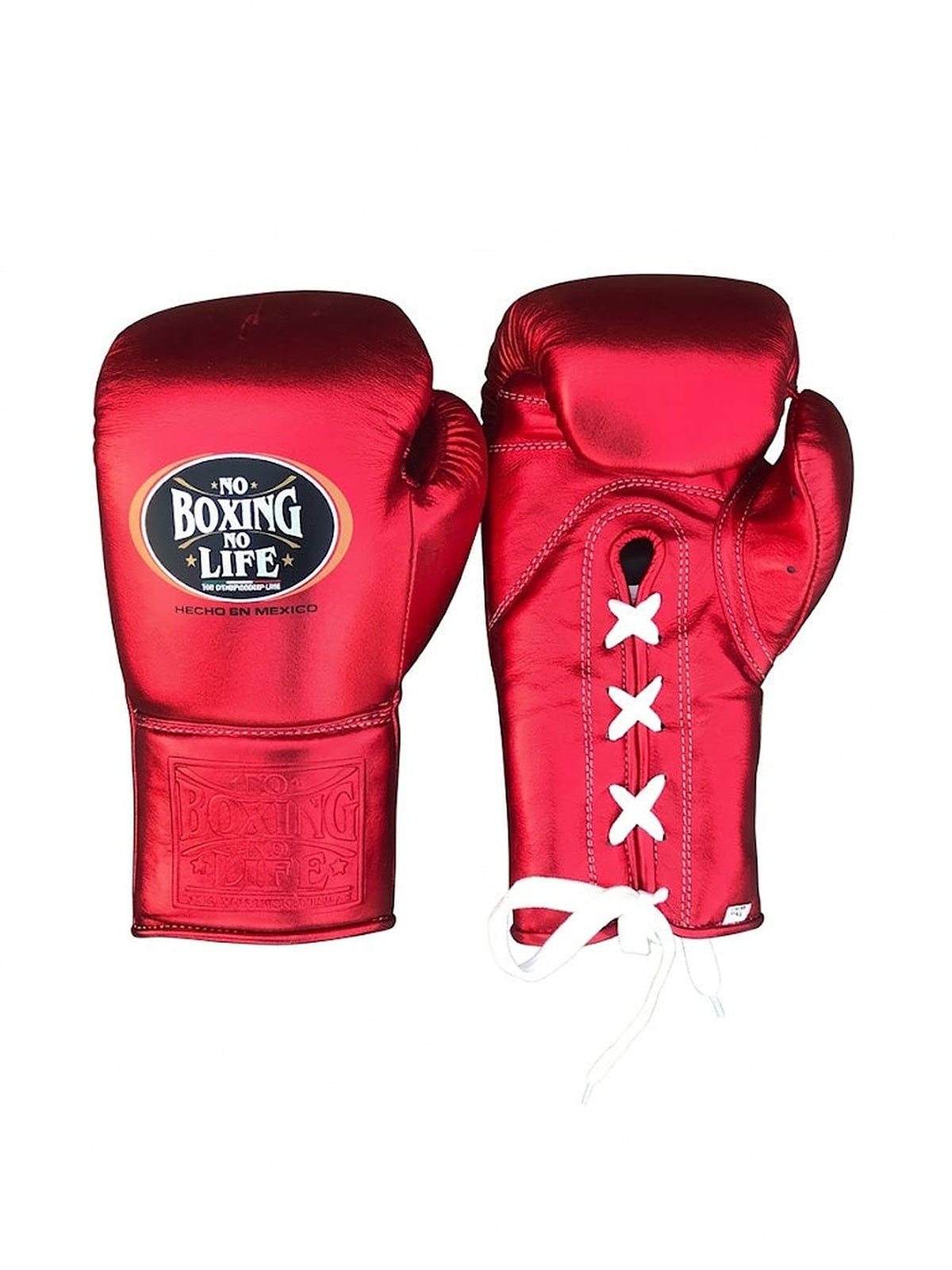 No Boxing No Life shiny metallic red lace-up boxing gloves with white laces down the wrist