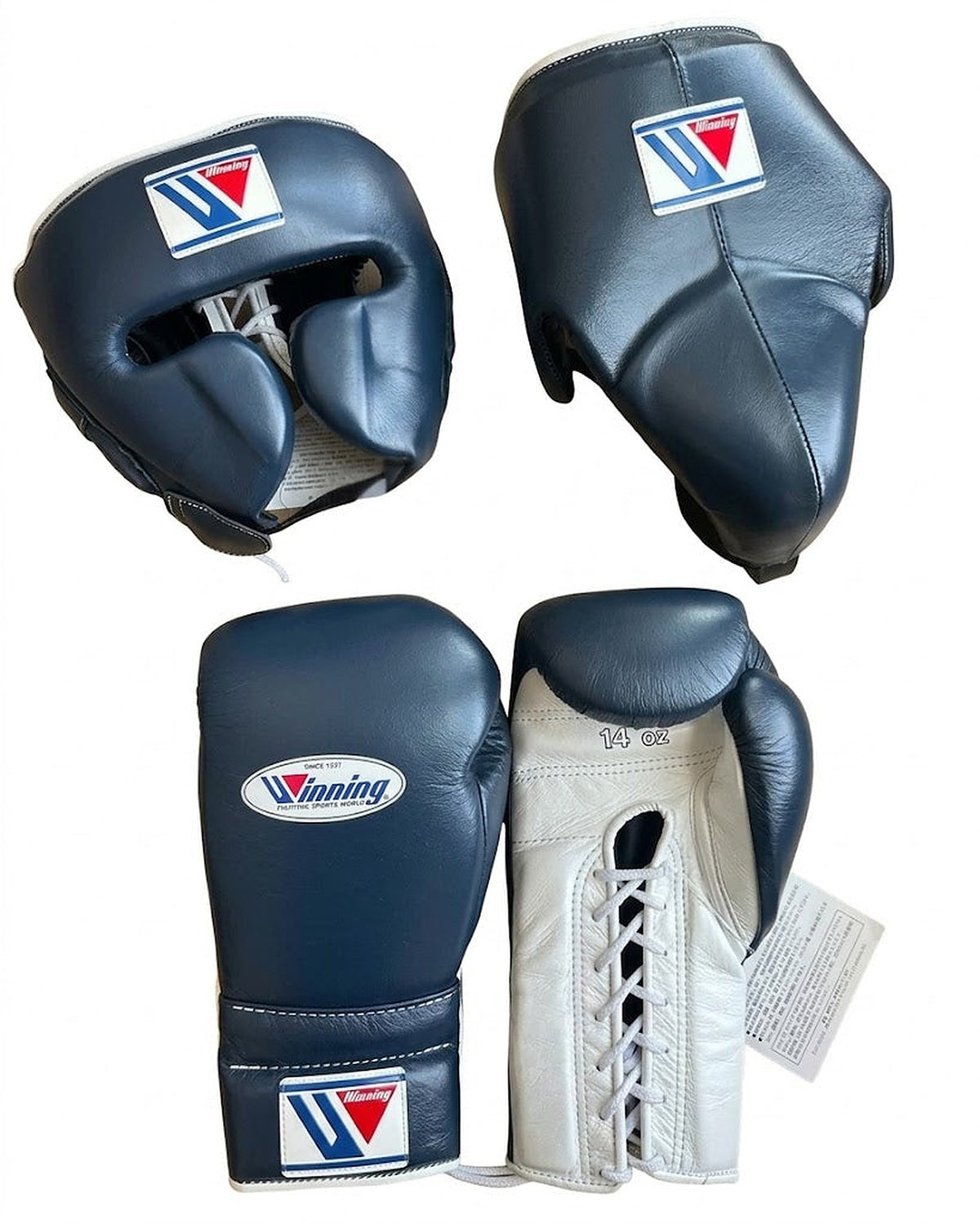 Winning dark slate navy boxing set with white palm lace-up gloves, headgear and groin guard
