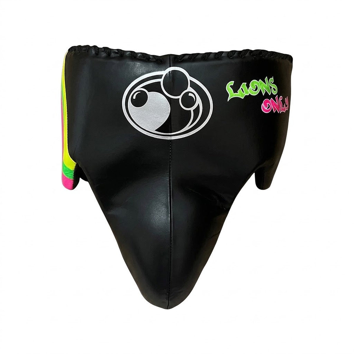 Grant black lace-up boxing gloves, headgear and groin guard with neon pink and lime green cuff stripes - alternate angle