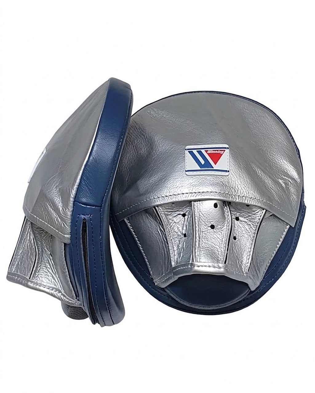 Winning metallic silver curved focus mitts with navy rim around the striking face, shown as a pair