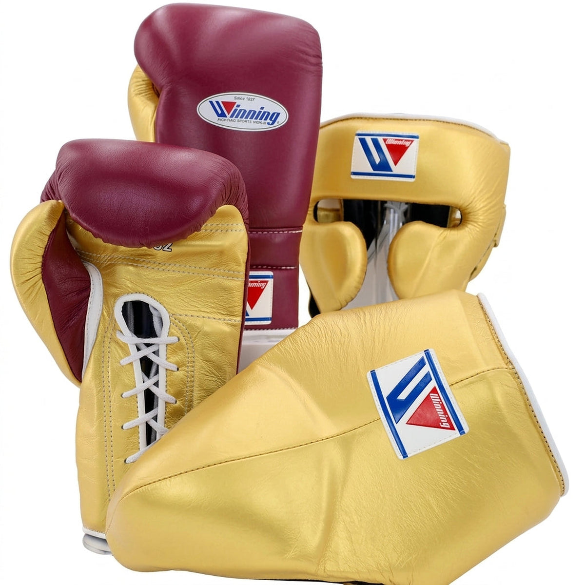 Winning burgundy boxing set with metallic gold detailing on lace-up gloves, headgear and groin guard