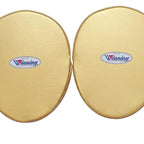 Pair of Winning black curved focus mitts with gold palm and gold rim around the striking face - side view