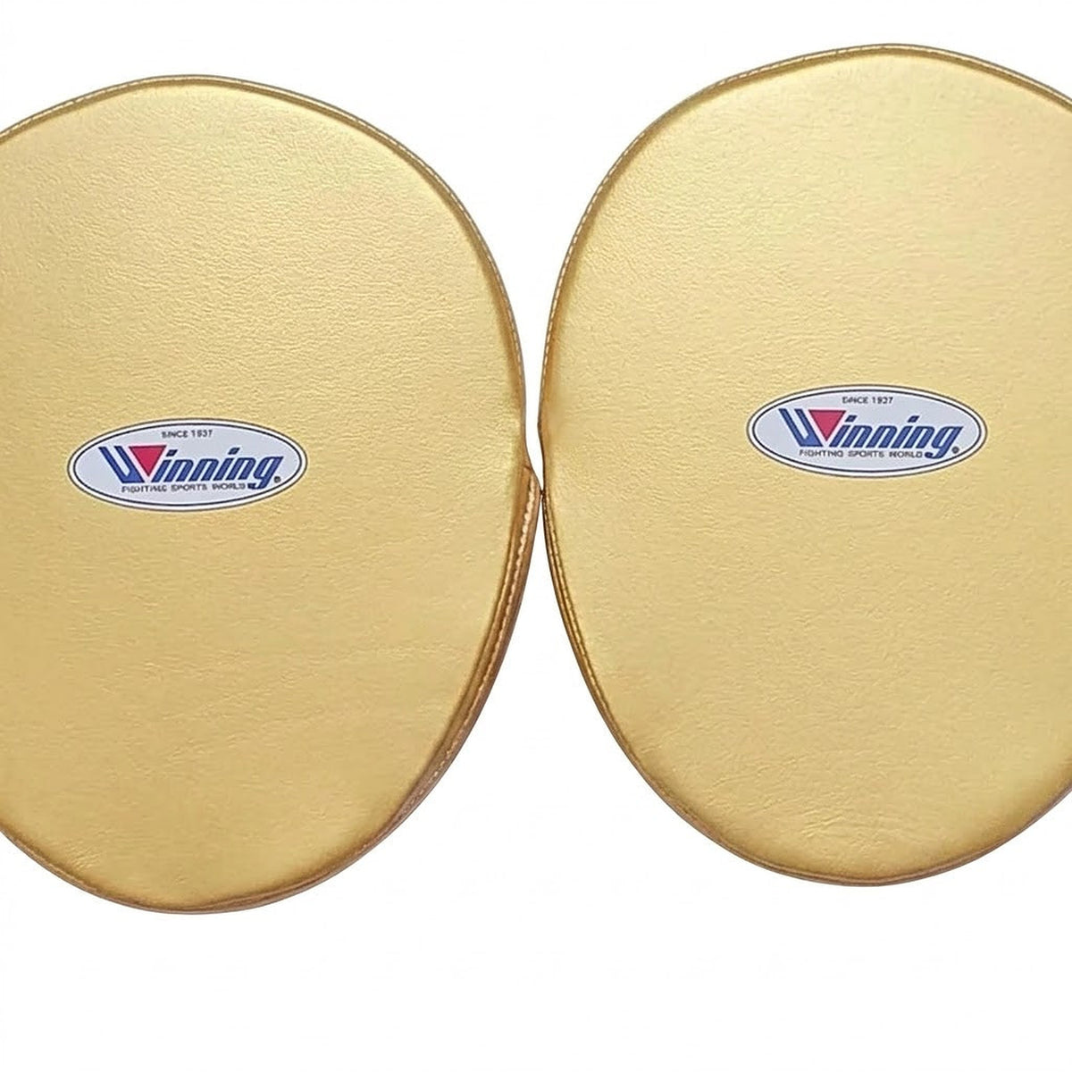 Pair of Winning black curved focus mitts with gold palm and gold rim around the striking face - side view