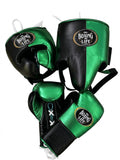 No Boxing No Life boxing set split metallic green and black, lace-up gloves with headgear and groin guard