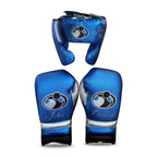 Grant metallic blue boxing set with silver trim on lace-up gloves and matching headgear