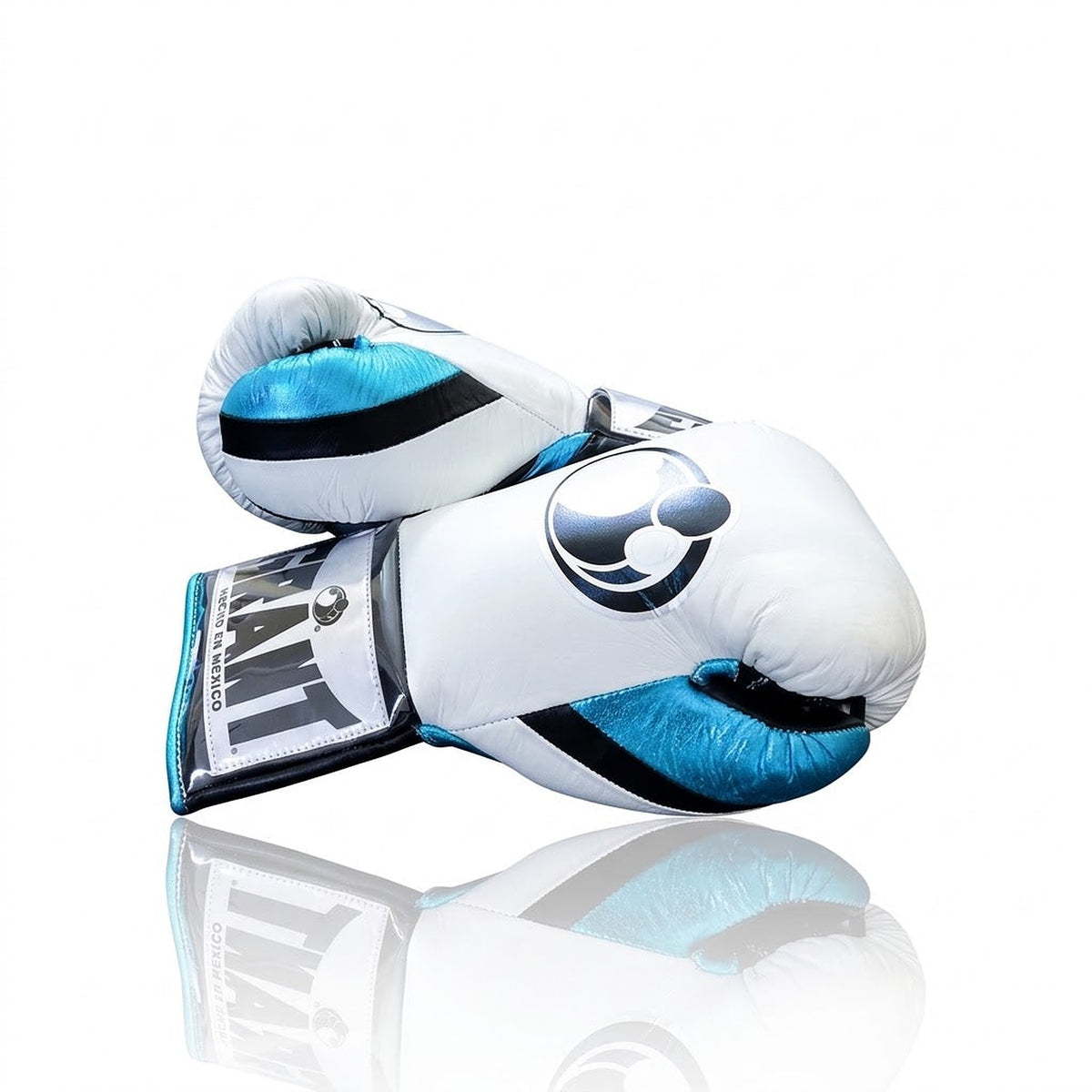 Grant lace-up boxing gloves with white back, black palm, sky blue laces and sky blue trim - side view