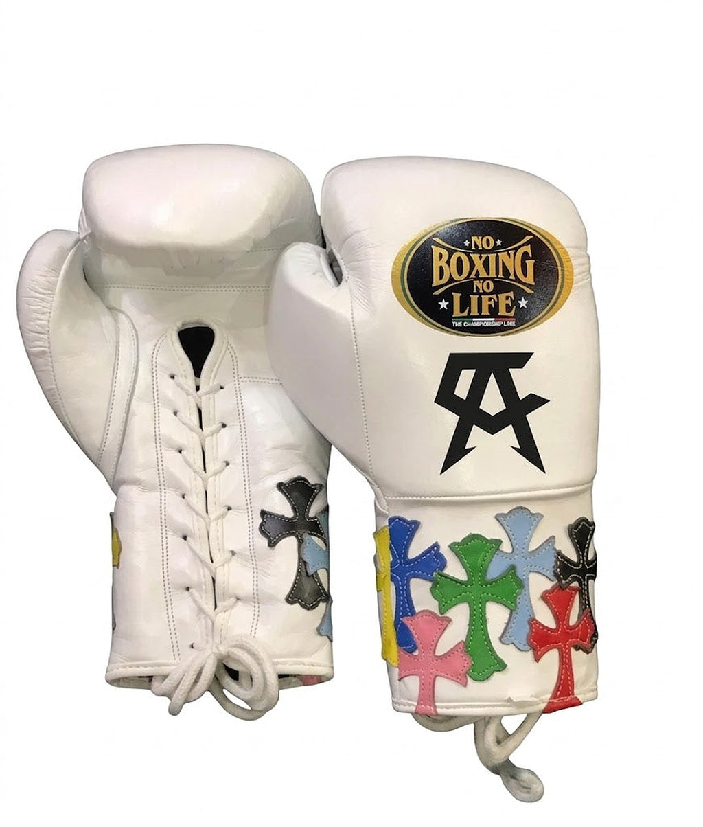 No Boxing No Life white lace-up boxing gloves with multicolor cross patches and black monogram on cuff