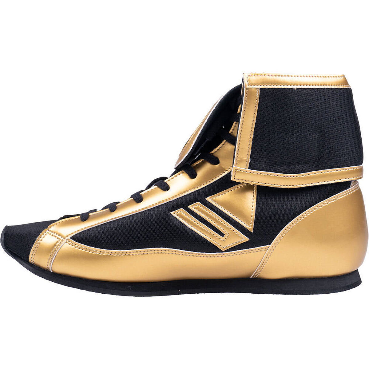 Side profile of a Winning Mid-Cut FOLD Type shoe with gold leather panels over black mesh