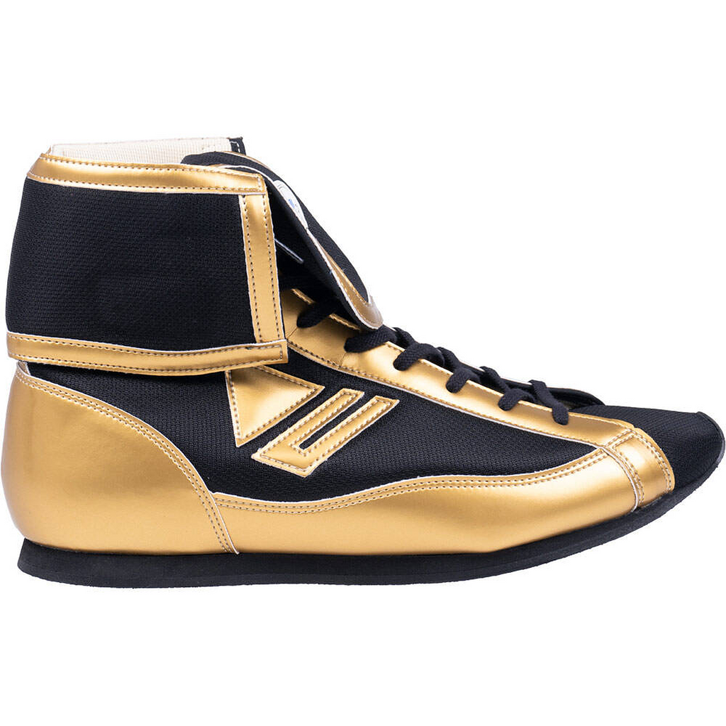 Outer side view of the Winning black and gold FOLD Type boxing shoe on a white background