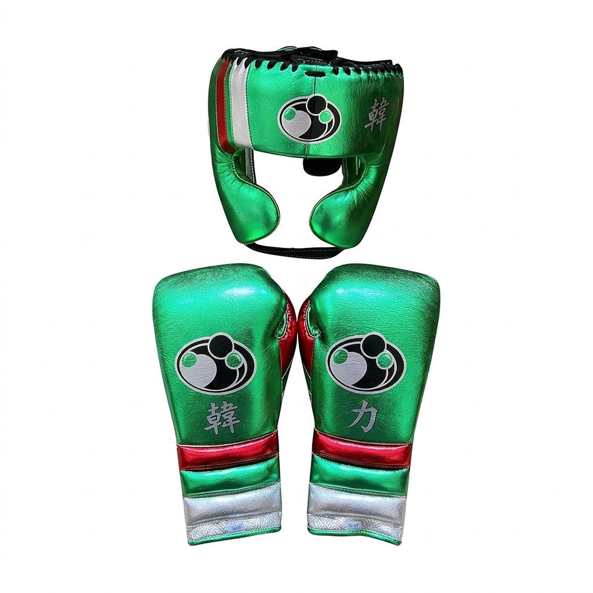 Grant metallic green lace-up boxing gloves and headgear with a red and white cuff band at the wrist