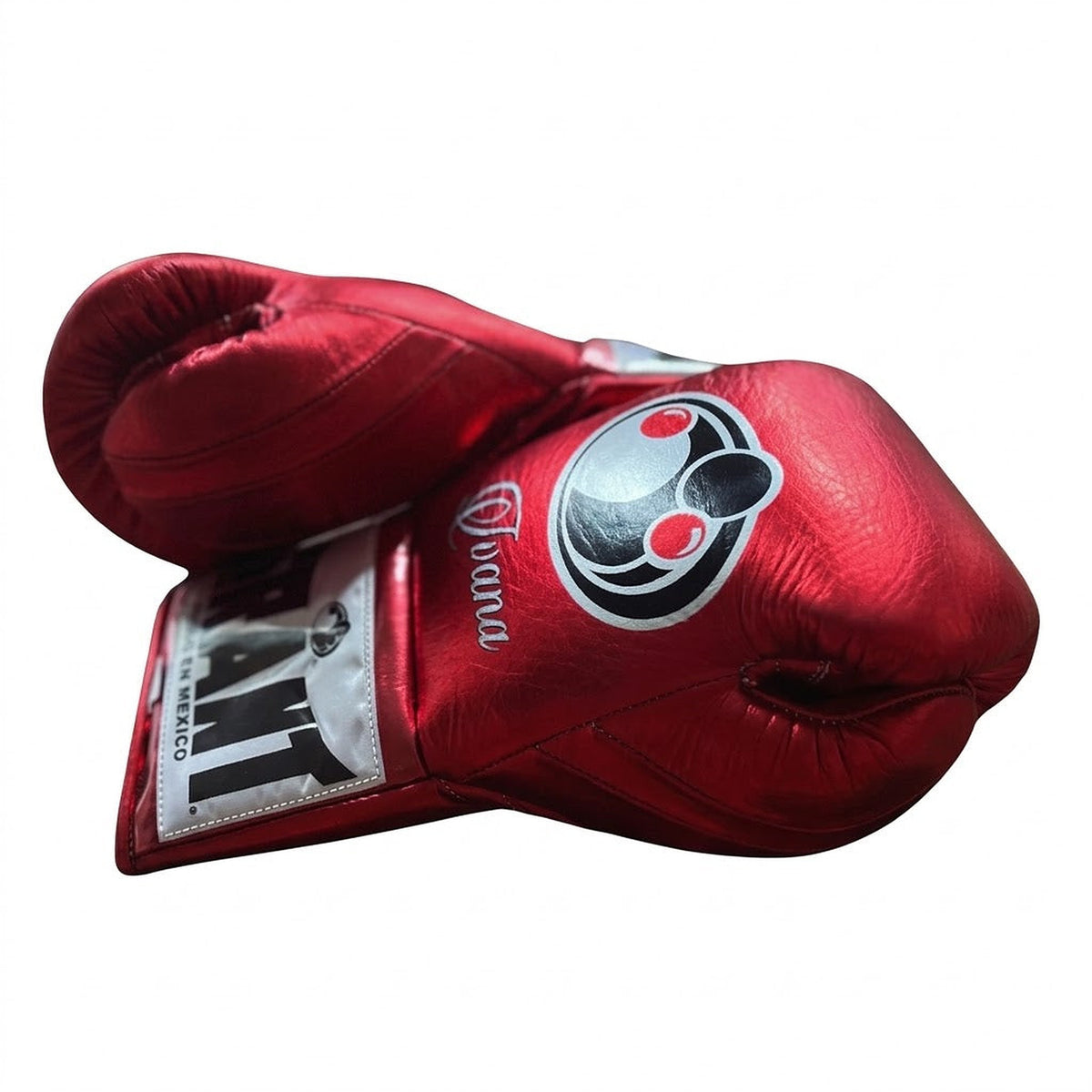 Grant gloves in all-over metallic red with white laces and a sample script name print on the back - side view