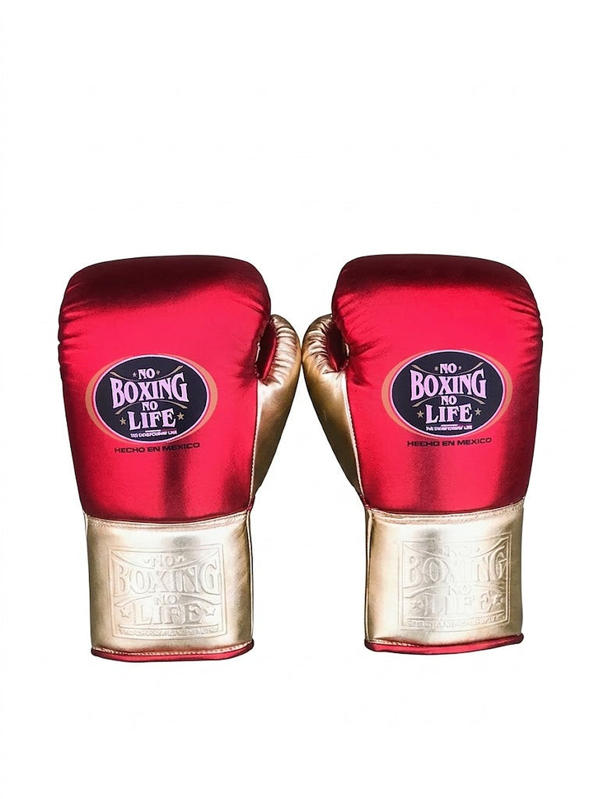 No Boxing No Life boxing set split metallic red and champagne gold: gloves, headgear and cup - palm and closure detail