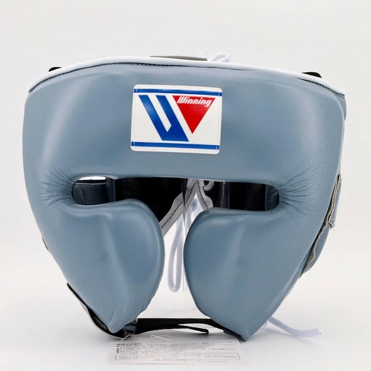 Winning light gray-blue cheek-protector headgear in a soft, muted tone with forward-wrapping cheek pads