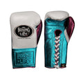 No Boxing No Life light gray lace-up gloves with metallic teal palm and cuff and magenta inner thumb