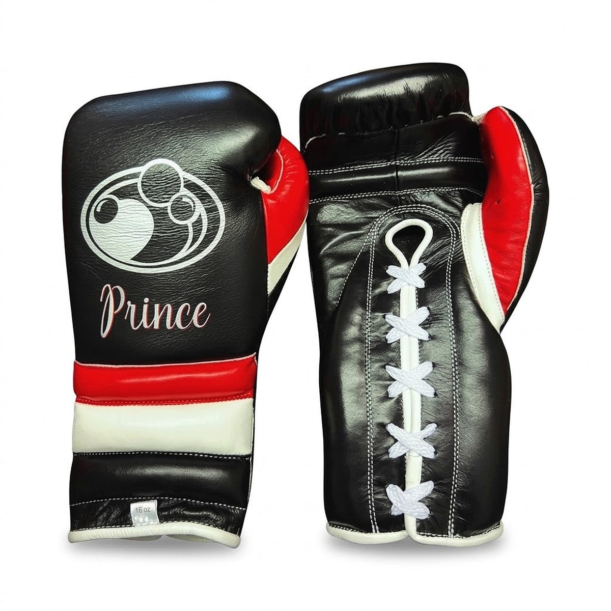 Black Grant boxing gloves with red inner thumb, red and white cuff stripes and sample Prince name print